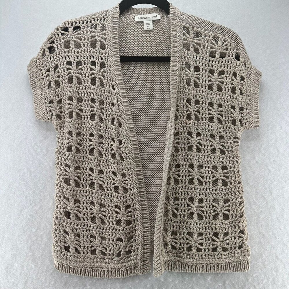 Coldwater Creek Cardigan XS 4-6 Windowpane Crochet Open Front Short Sleeve Beige